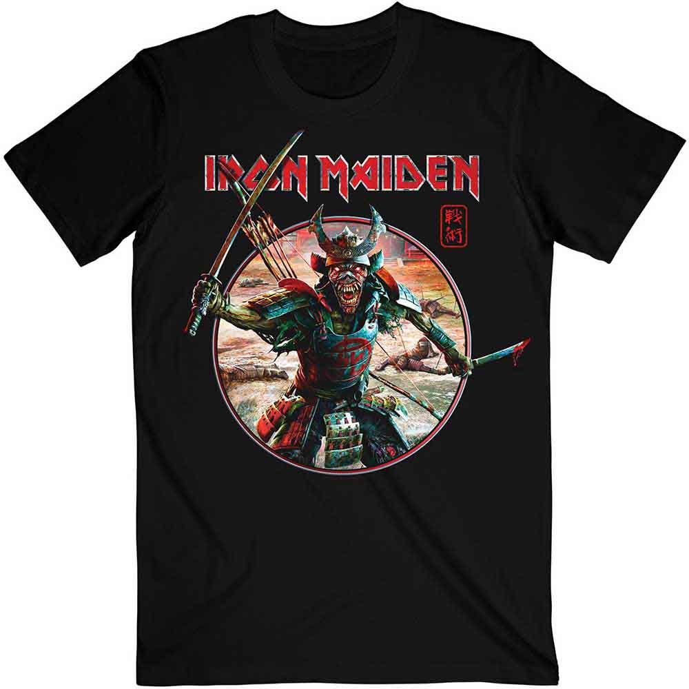 Black t-shirt with Iron Maiden’s Senjutsu Eddie warrior logo graphic.