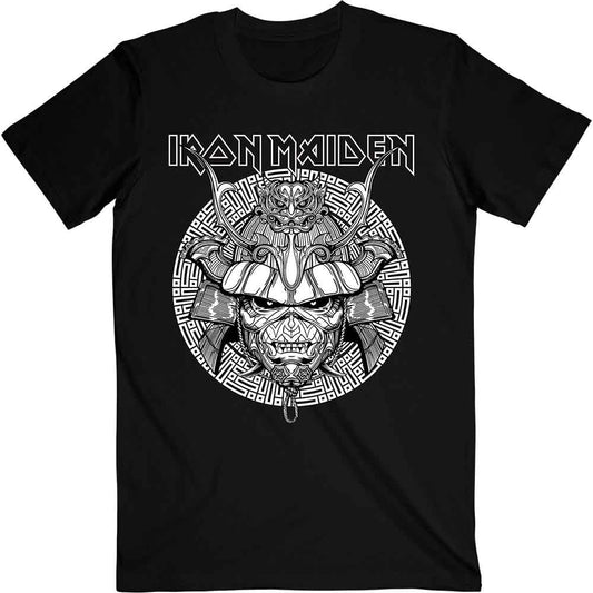 Black Iron Maiden t-shirt with white samurai graphic and logo.