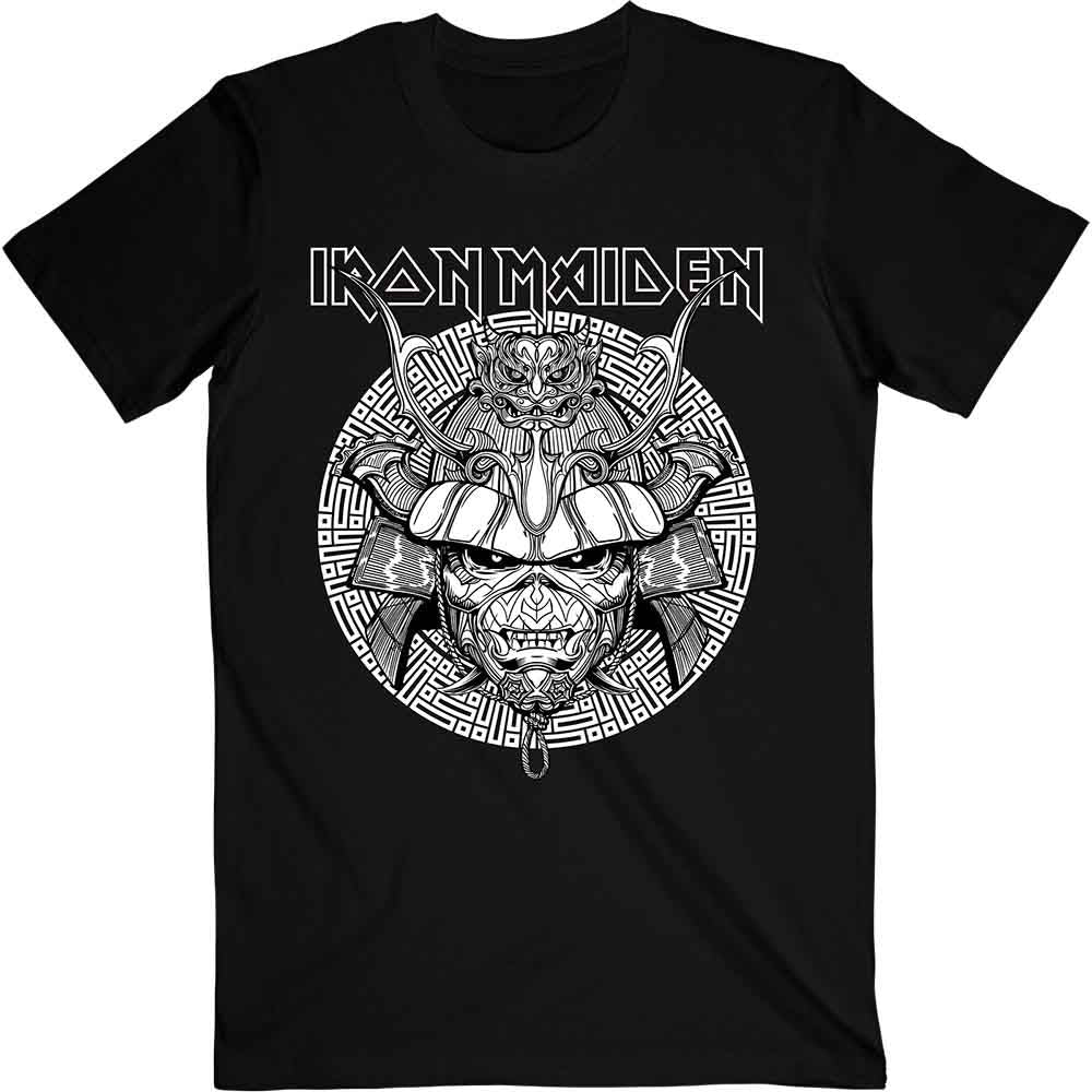 Black Iron Maiden t-shirt with white samurai graphic and logo.
