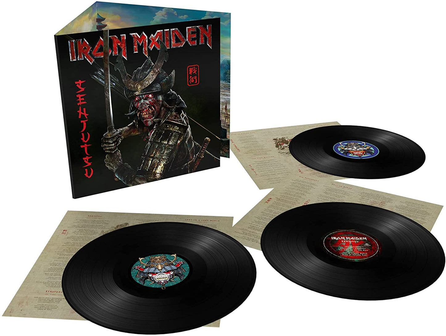 Iron Maiden Senjutsu triple vinyl set with gatefold cover and printed inner sleeves.