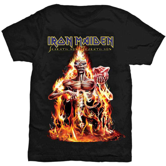 Black Iron Maiden t-shirt with a fiery Eddie graphic on the front.