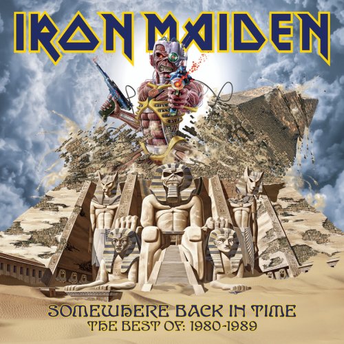Iron Maiden album cover: Eddie amidst pyramids and a futuristic landscape.