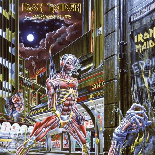 Iron Maiden album cover: robotic figure in a futuristic city scene.