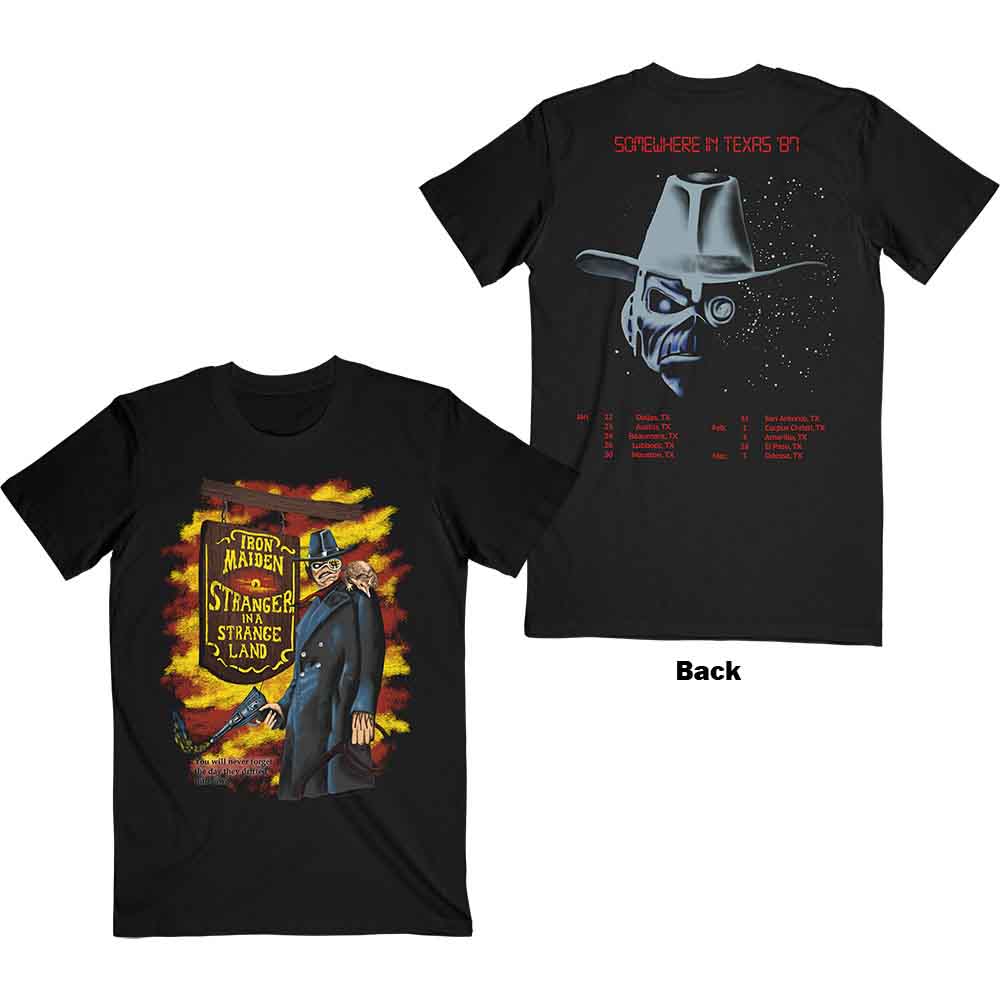 Black Iron Maiden t-shirt featuring tour artwork of a figure with a sign.