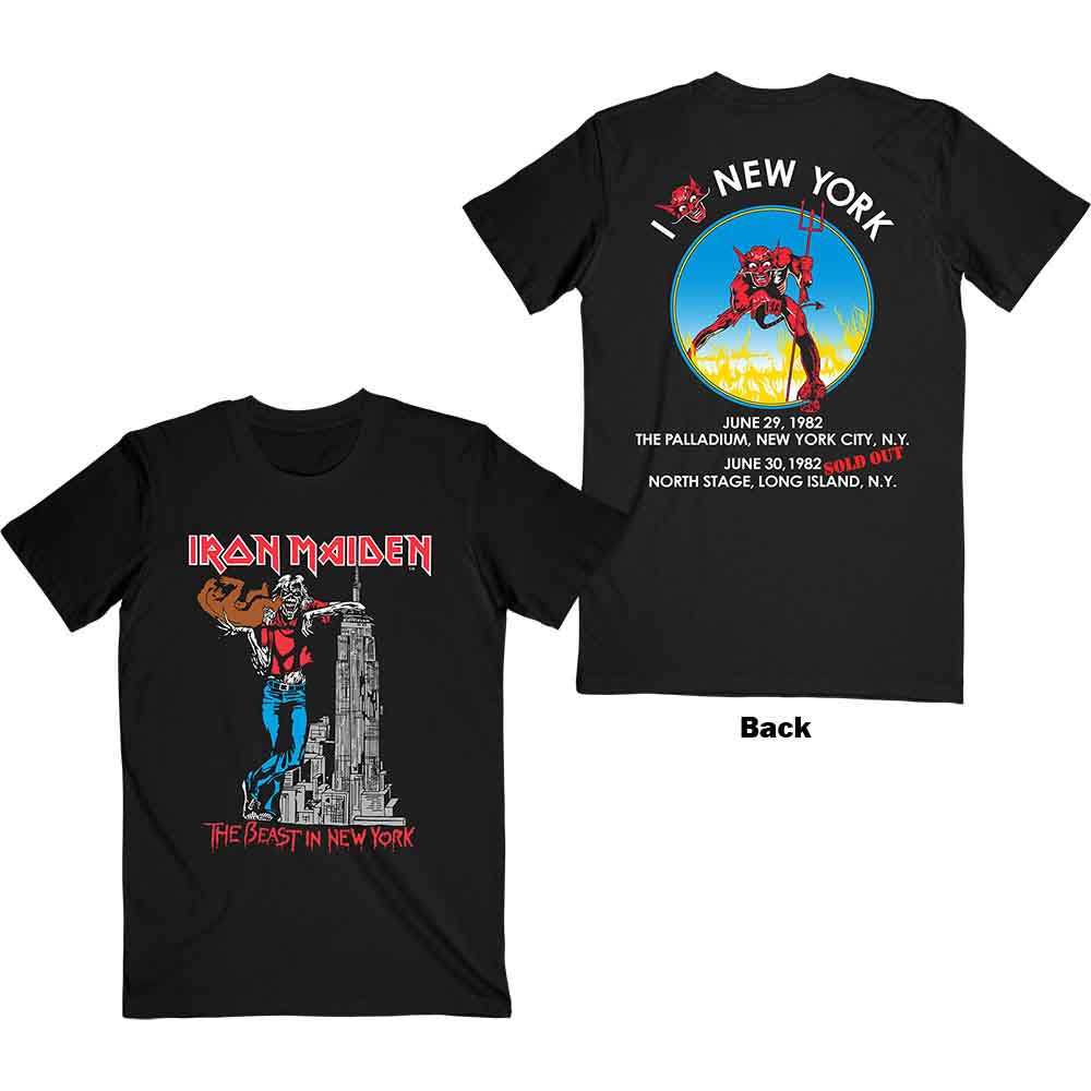Black Iron Maiden t-shirt with Eddie climbing New York City skyline.