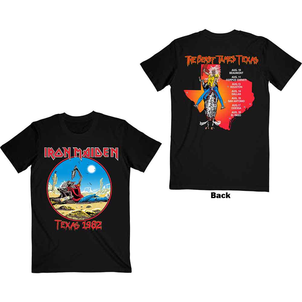 Black Iron Maiden t-shirt with 1982 Texas tour graphic.