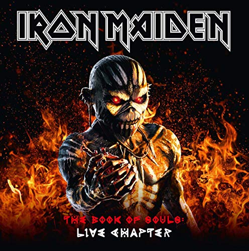"Iron Maiden CD cover featuring a fiery skeletal figure with glowing red eyes."