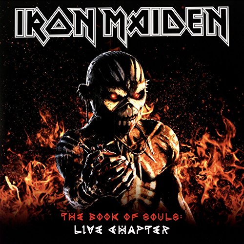 "Vinyl album cover featuring Iron Maiden's mascot surrounded by flames against a black background."