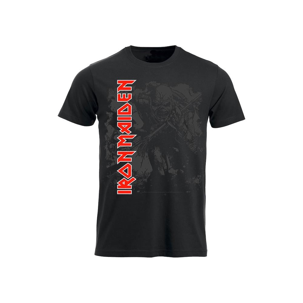 Black Iron Maiden t-shirt with vertical band name and Eddie image.