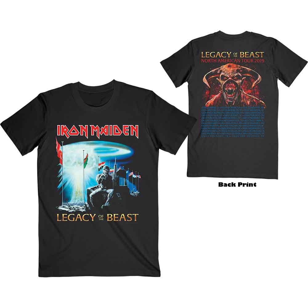 Man wearing black Iron Maiden t-shirt with colorful album artwork.