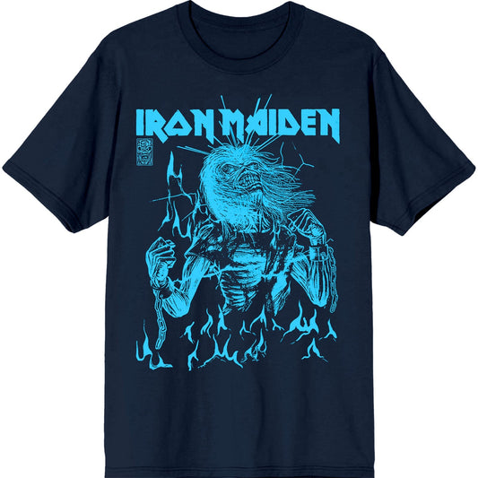 Navy blue t-shirt with Iron Maiden’s “Life After Death” flames graphic.