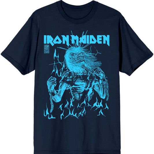 Navy blue t-shirt with Iron Maiden’s “Life After Death” flames graphic.