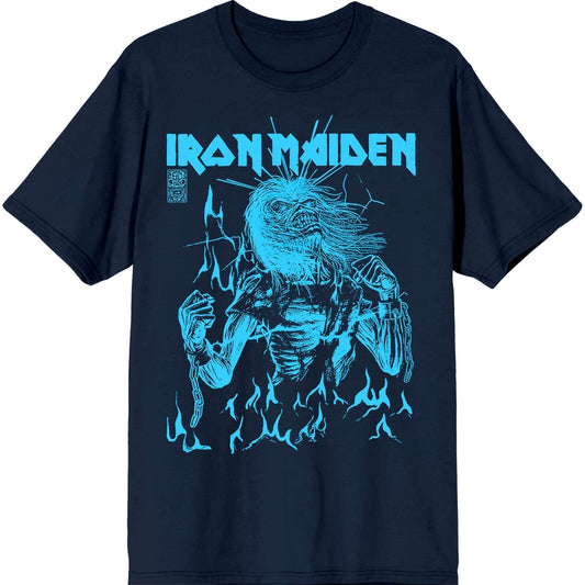 Navy blue t-shirt with Iron Maiden’s “Life After Death” flames graphic.