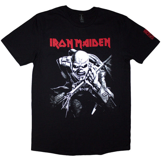 Black Iron Maiden t-shirt with white "Trooper" artwork and sleeve print.