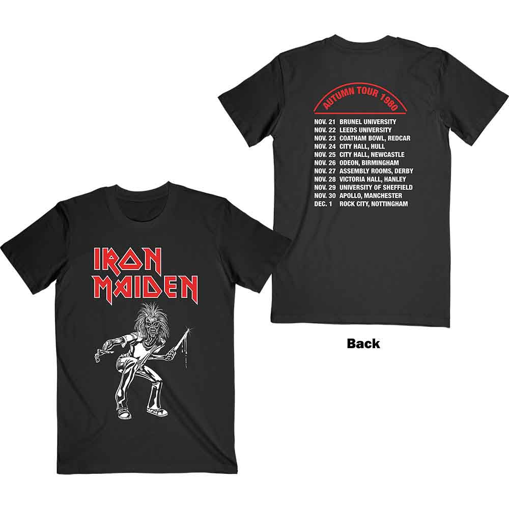 Black Iron Maiden t-shirt with white and red skeletal Eddie graphic.