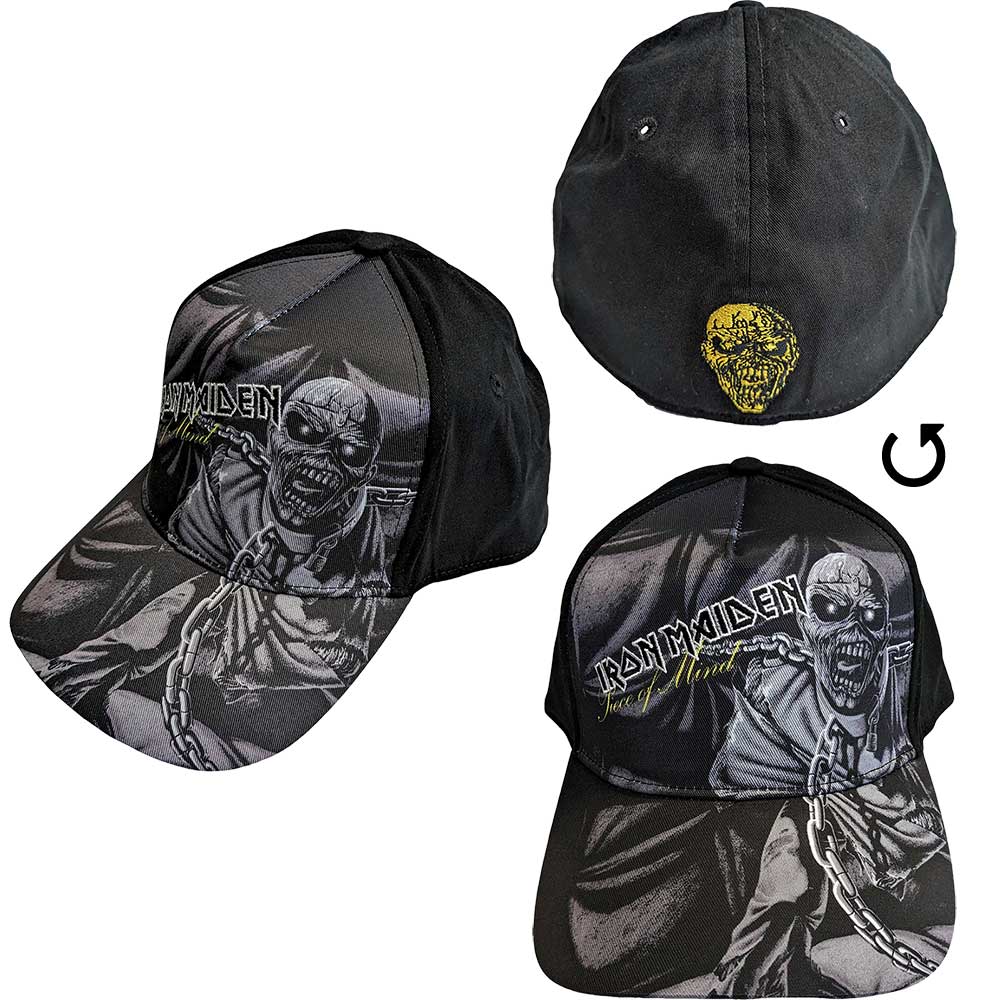 Grey baseball cap with Iron Maiden’s *Piece of Mind* album cover design.