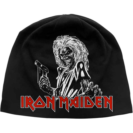 Black knitted beanie hat with “Killers” Iron Maiden logo embroidered on front.