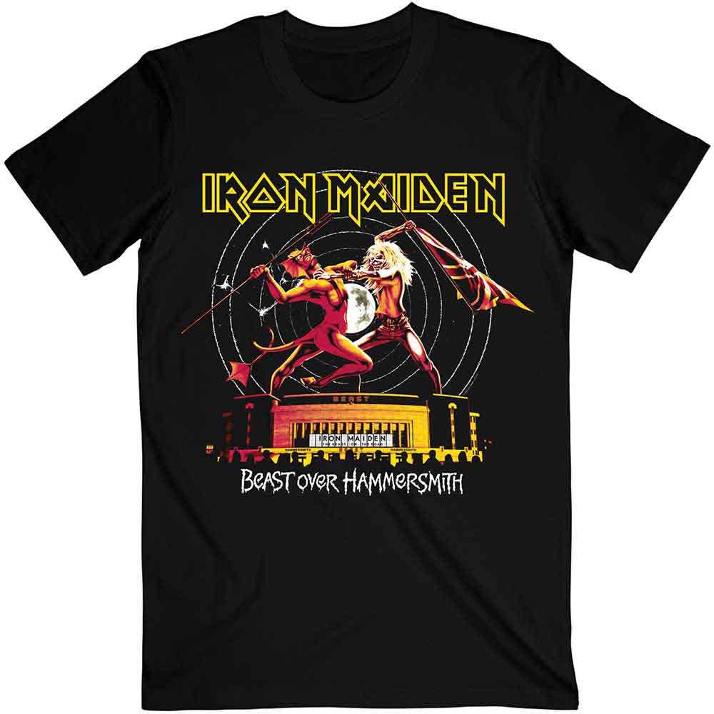 Black t-shirt featuring Iron Maiden’s Eddie and devil imagery, tonal design.