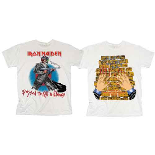 White t-shirt with Iron Maiden’s “Chicago Mutants” back print design.