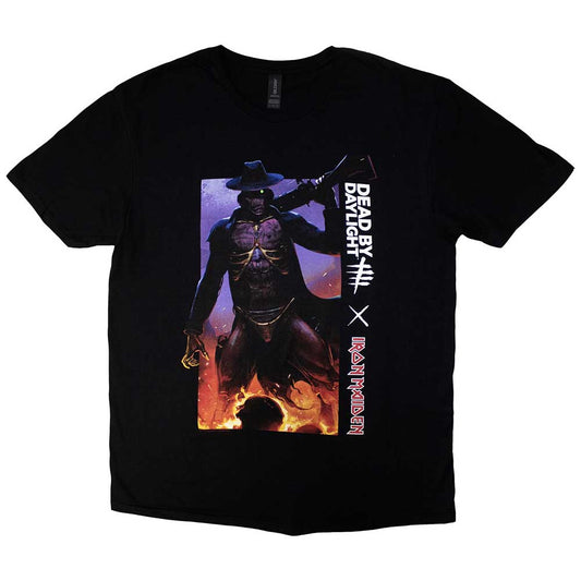 Black t-shirt featuring Iron Maiden and Dead By Daylight Gunslinger artwork.