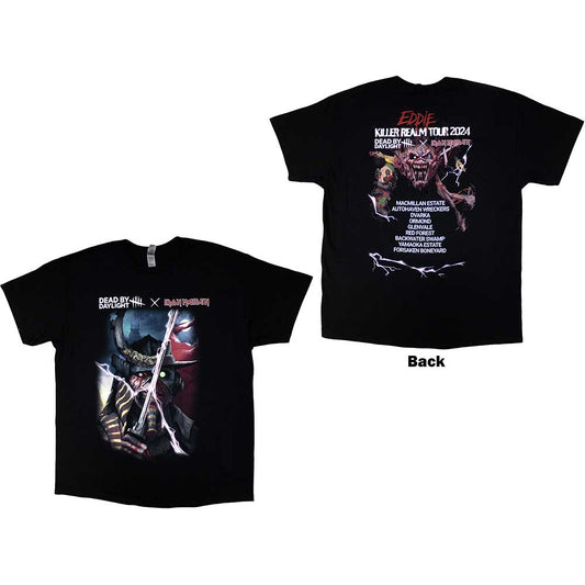 Black unisex t-shirt featuring Iron Maiden and Dead by Daylight graphics on the back.