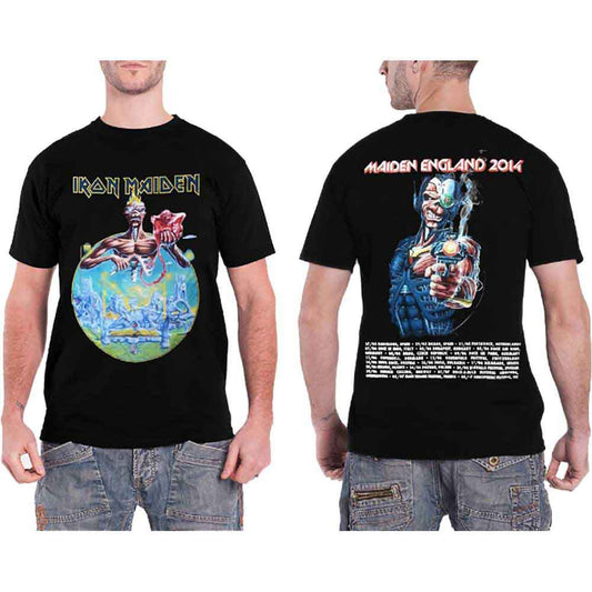 Black unisex T-shirt featuring Iron Maiden England 2014 tour graphics on front and back.