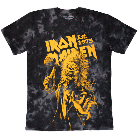 Black tie-dye t-shirt with yellow Iron Maiden logo and Eddie image.