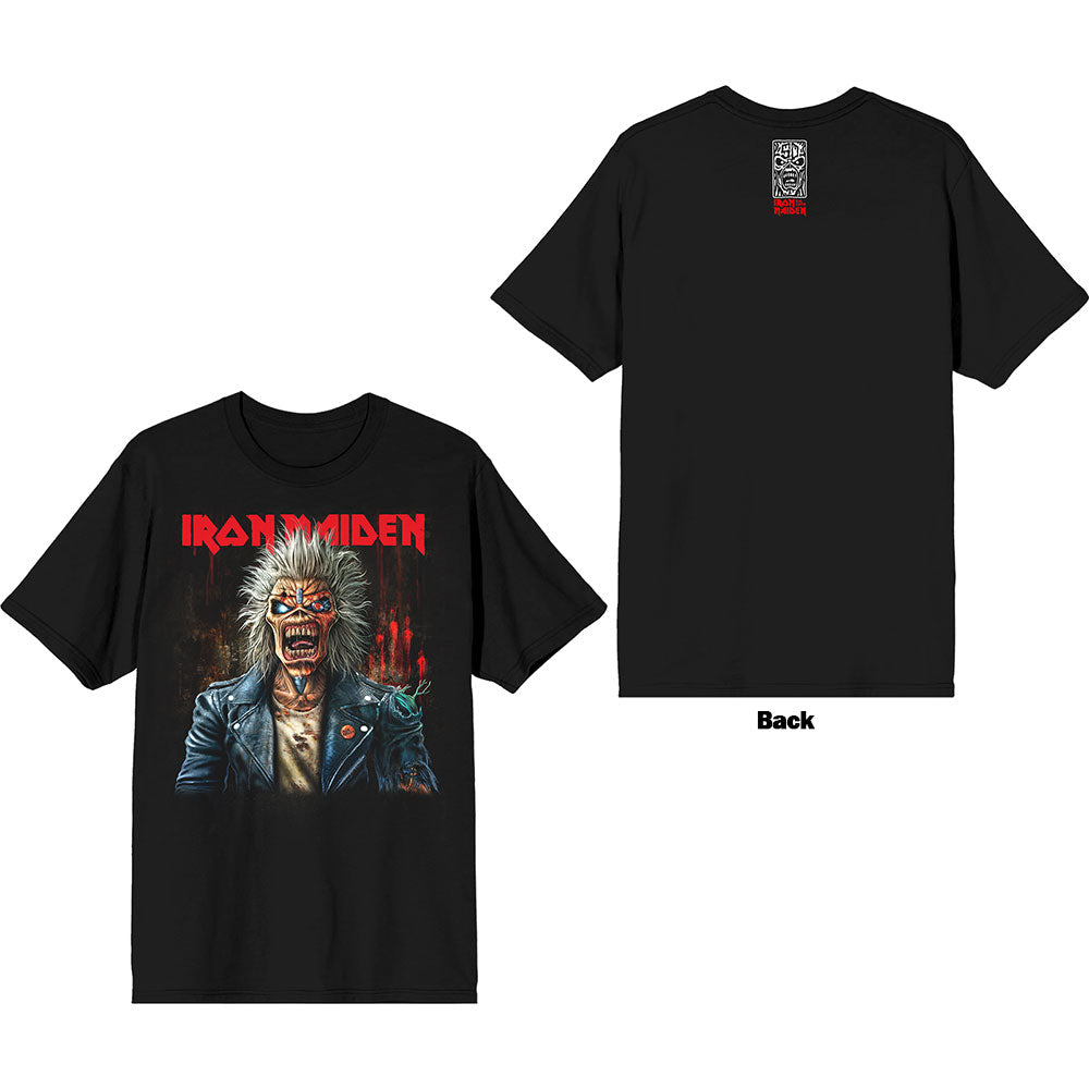 Black t-shirt with large back print of Iron Maiden’s Eddie screaming portrait.