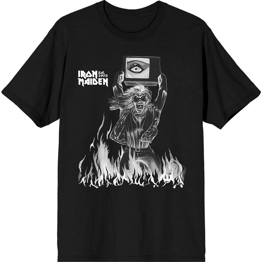 Black cropped t-shirt featuring the Iron Maiden logo and Holy Smoke flame graphic.