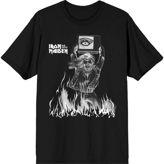 Black cropped t-shirt featuring the Iron Maiden logo and Holy Smoke flame graphic.