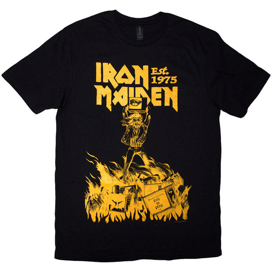 Black unisex t-shirt featuring the Iron Maiden Holy Smoke graphic in yellow.