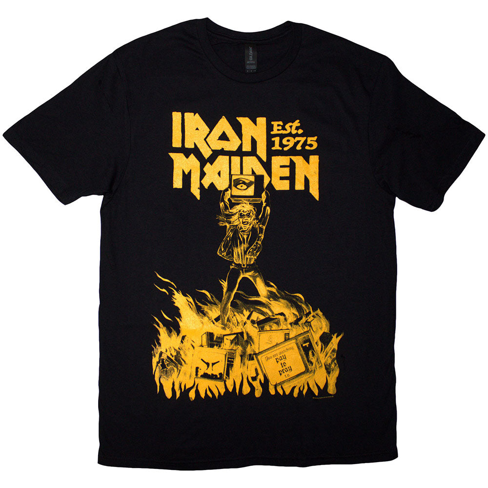 Black unisex t-shirt featuring the Iron Maiden Holy Smoke graphic in yellow.