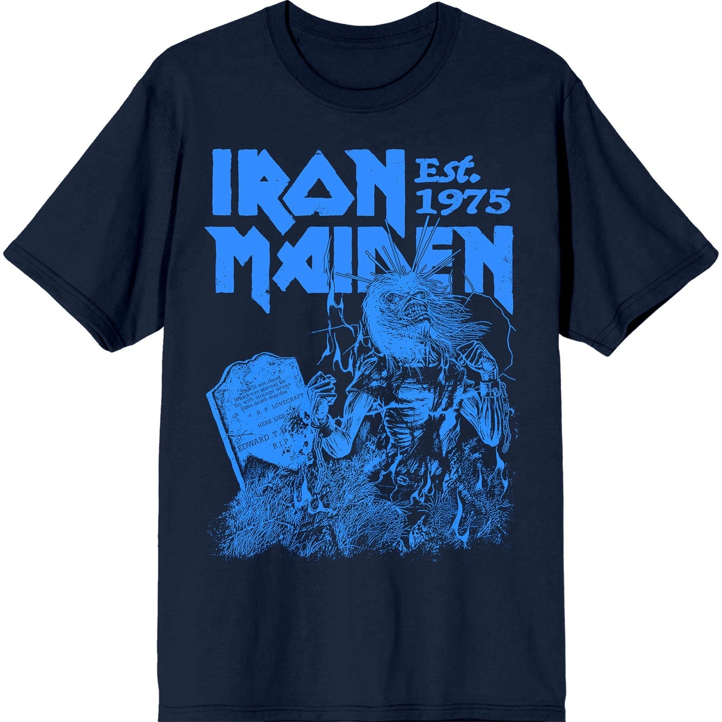 Navy blue t-shirt with Iron Maiden “Life After Death” stamp design, size XX-Large.