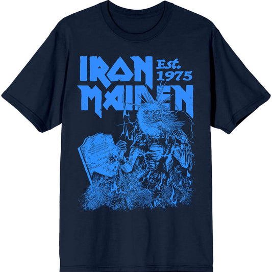 Navy blue t-shirt with Iron Maiden “Life After Death” stamp design, size XX-Large.