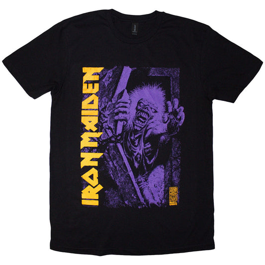 Black unisex t-shirt featuring Iron Maiden No Prayer for the Dying graphic in purple.
