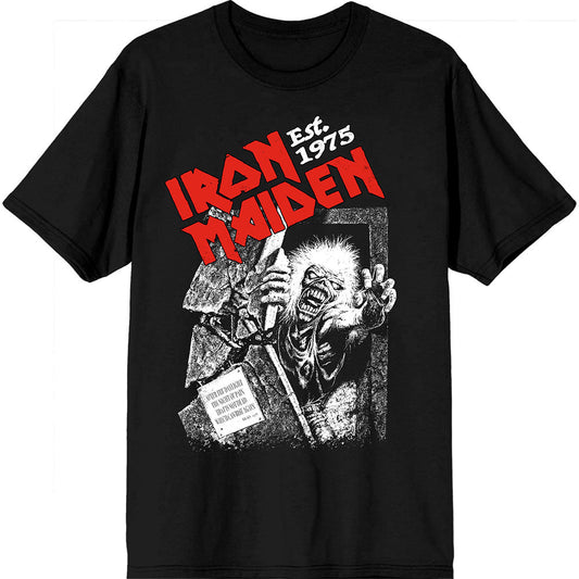 Black t-shirt with red Iron Maiden "No Prayer" logo, established 1975.