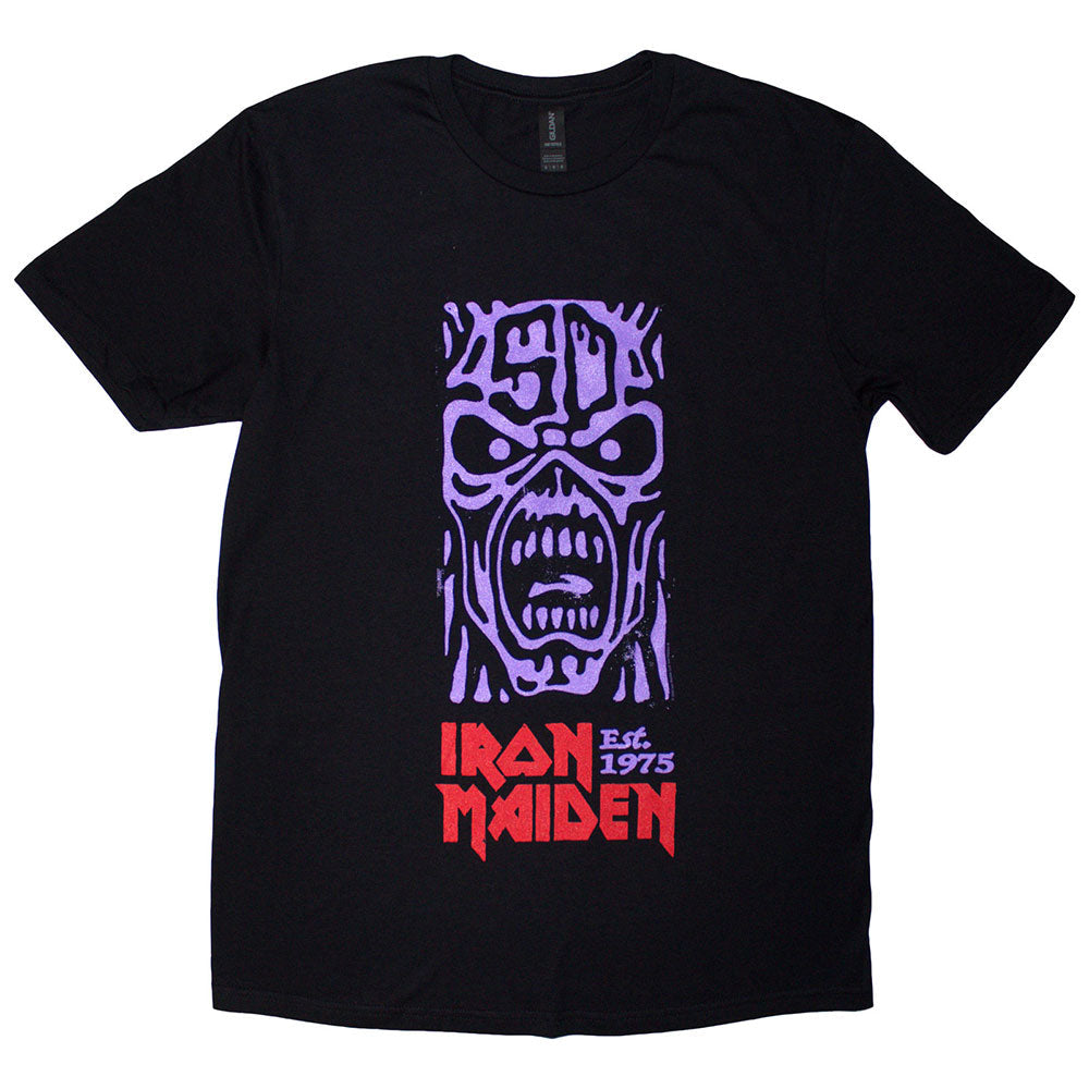 Black t-shirt with purple Iron Maiden "Est. 1975" stamp logo, size XX-Large.