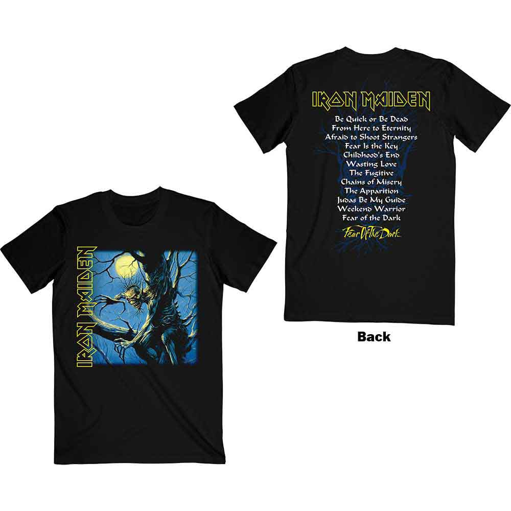 Black Iron Maiden t-shirt with “Fear of the Dark” tracklist on the back.