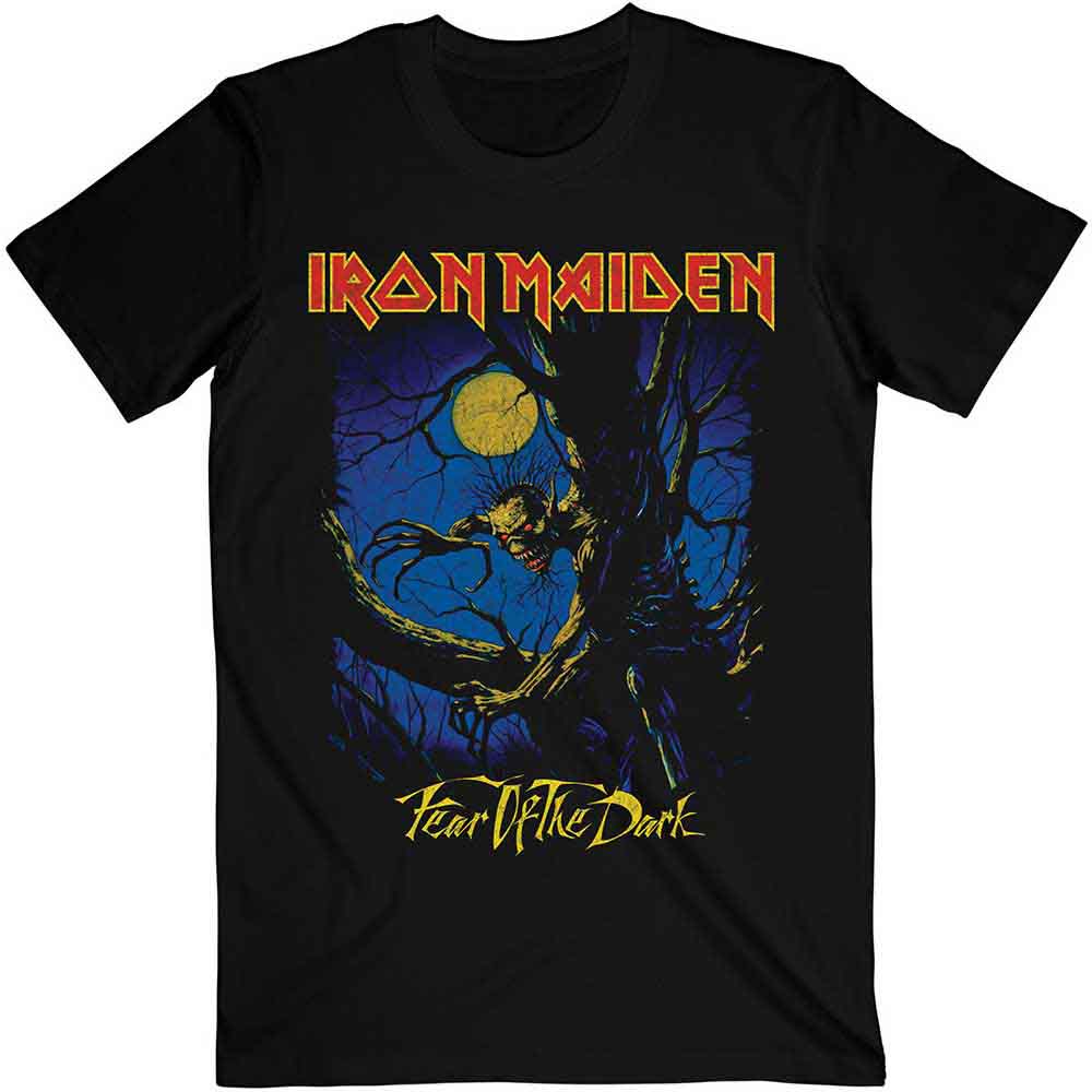 Black t-shirt featuring Iron Maiden’s “Fear of the Dark” moonlit artwork.