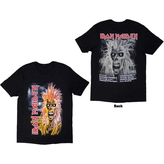 Black Iron Maiden t-shirt featuring Eddie with spiky orange hair and red logo text.