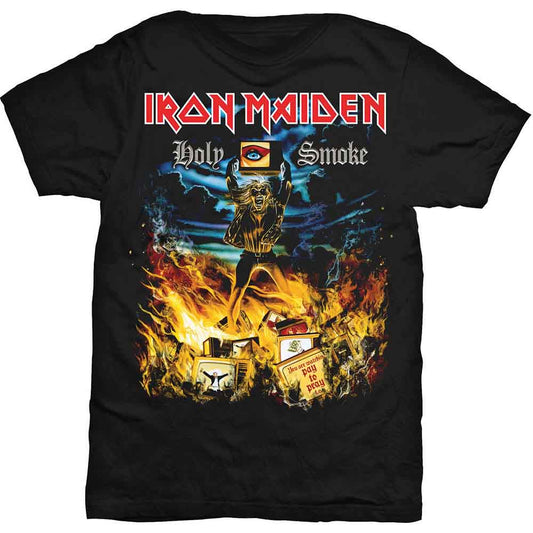 Man wearing a black Iron Maiden "Holy Smoke" graphic t-shirt.