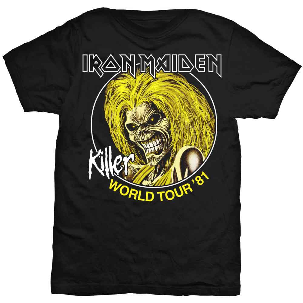 Black t-shirt with Iron Maiden’s “Killers” tour graphic on a man.