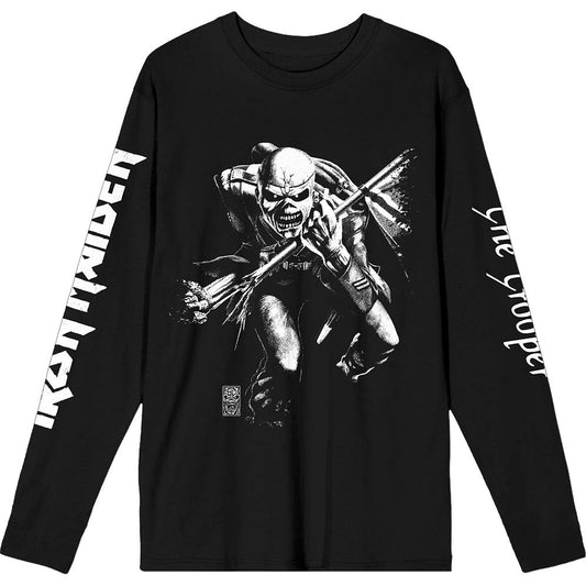 Black long sleeve t-shirt with isolated "Trooper" artwork on the sleeve.
