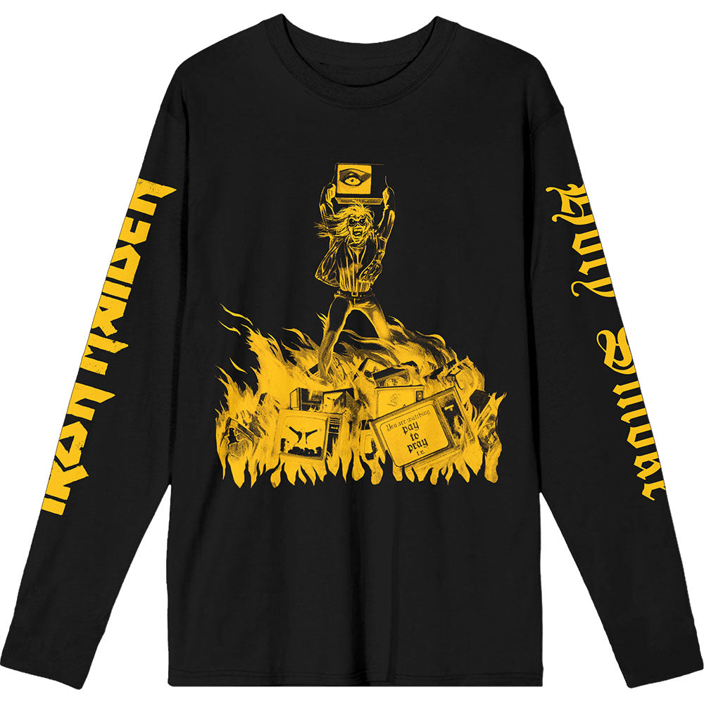 Black long sleeve t-shirt with yellow Iron Maiden “Holy Smoke” sleeve print.