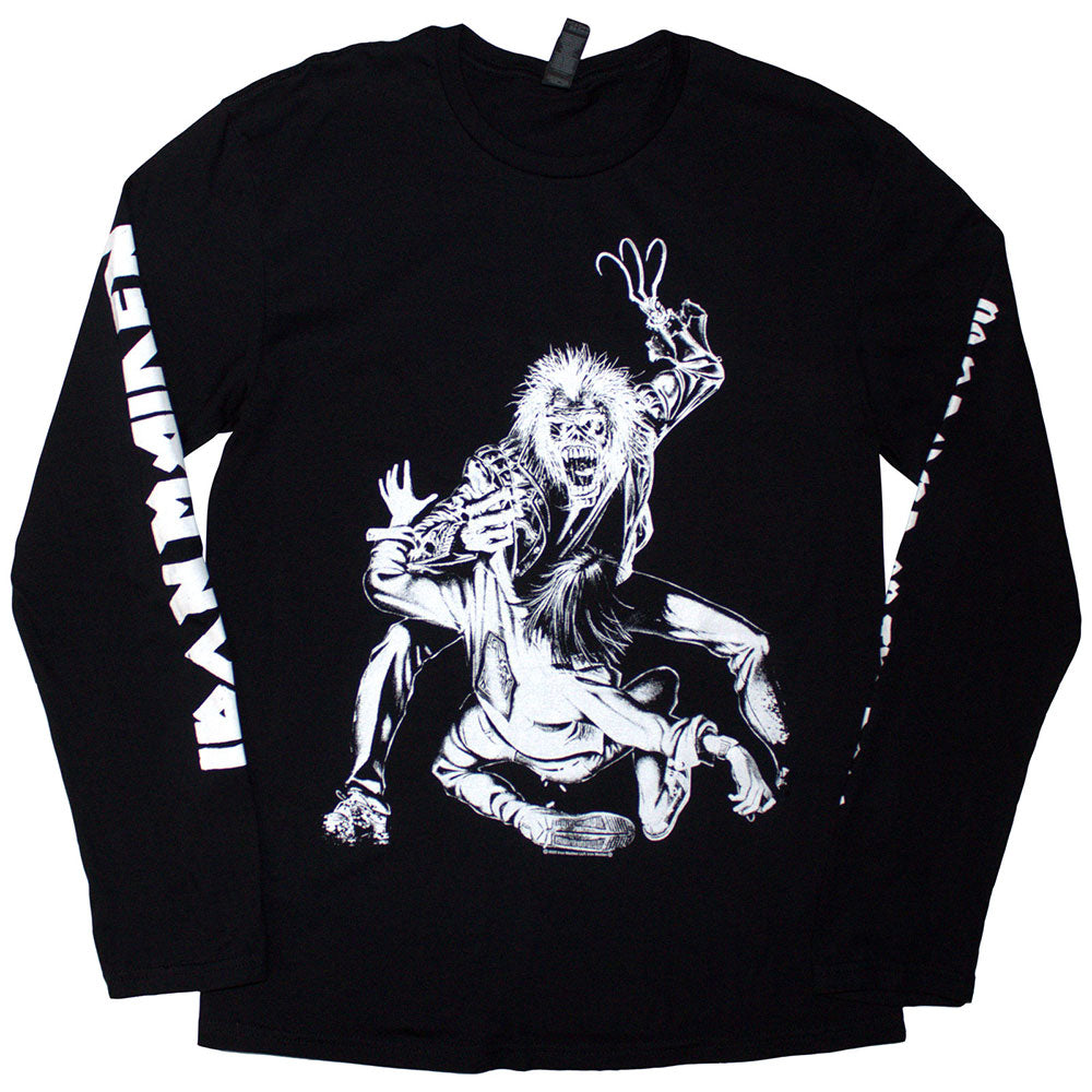 Black long-sleeve Iron Maiden t-shirt featuring a claw graphic and sleeve print details.