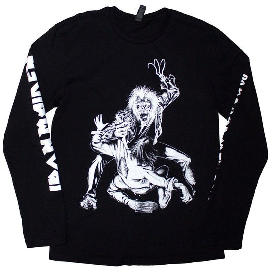 Black long-sleeve Iron Maiden t-shirt featuring a claw graphic and sleeve print details.