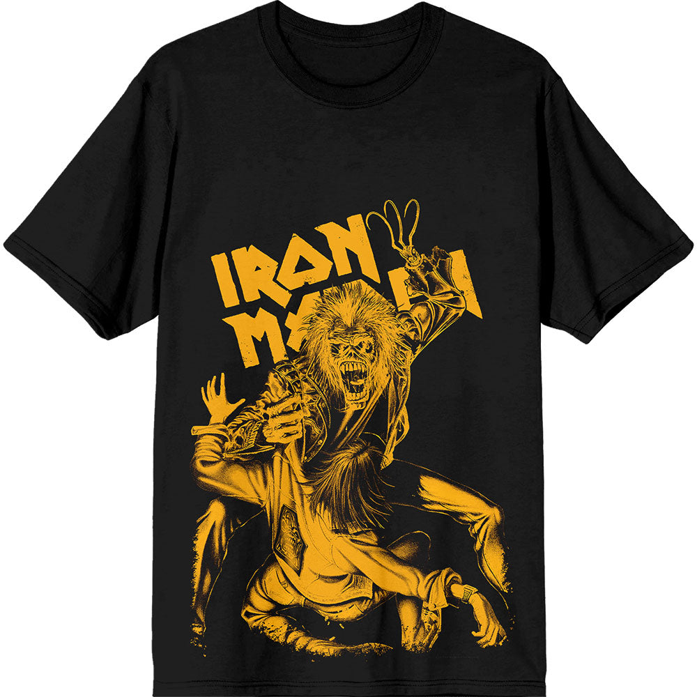 Black unisex t-shirt featuring a yellow Iron Maiden claw graphic on the front.
