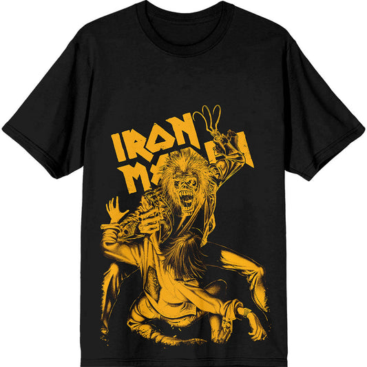 Black unisex t-shirt featuring a yellow Iron Maiden claw graphic on the front.