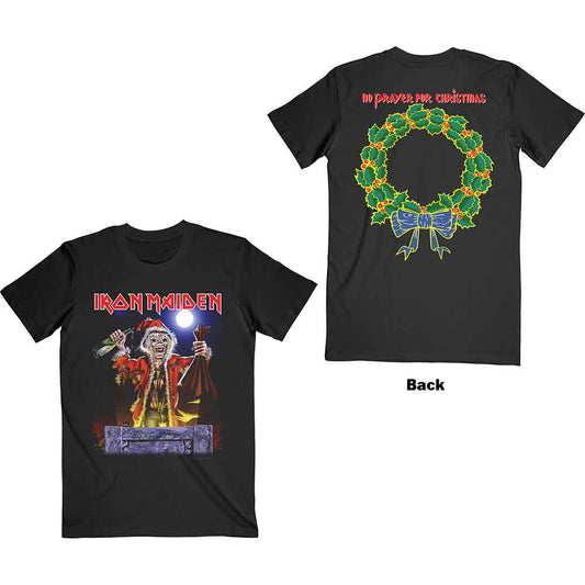 Black Iron Maiden t-shirt with back print of “No Prayer For Christmas” artwork.