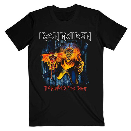 Black unisex t-shirt featuring the Iron Maiden Number of the Beast Eddie panel graphic.